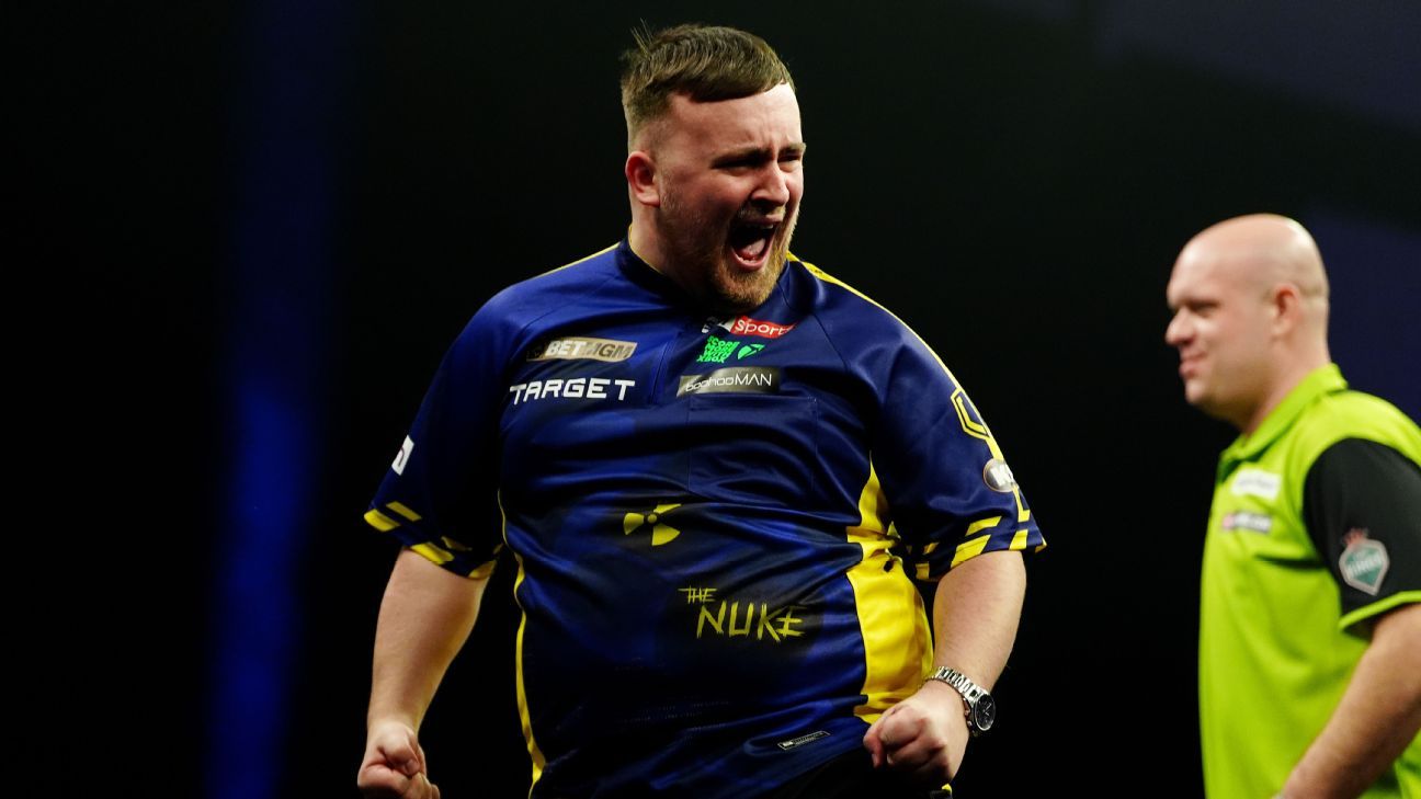 Premier League Darts: Luke Littler hits nine-darter in win over Michael van Gerwen