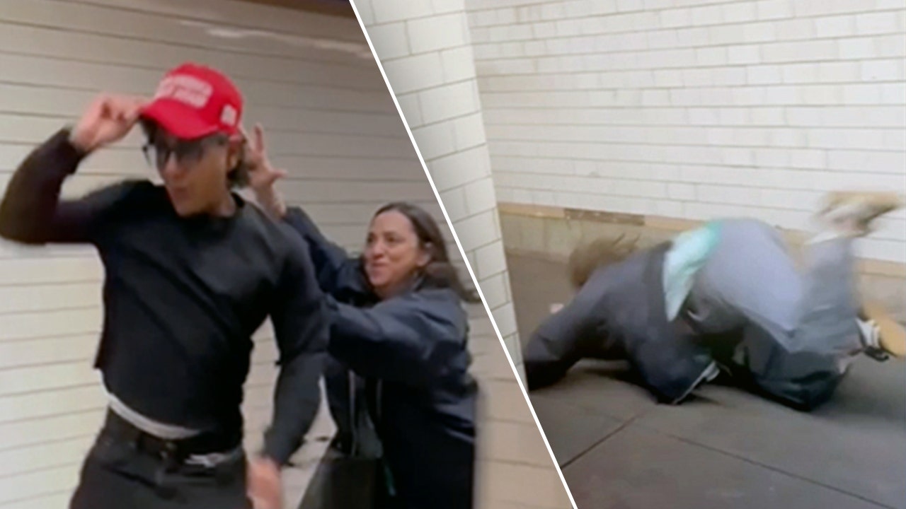 NYC subway tumble goes viral after rider attempts to knock MAGA hat off man’s head