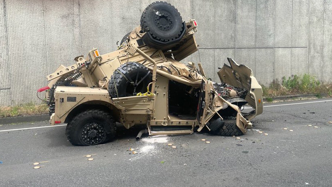 Humvee plunges nearly 30 feet from highway with injuries reported