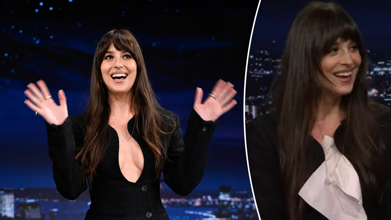 Dakota Johnson struggles with revealing dress during Jimmy Fallon interview