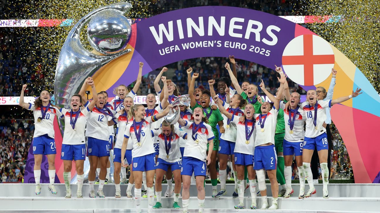 Women’s Euros: Chloe Kelly holds nerve as England defend crown – the final, in pictures