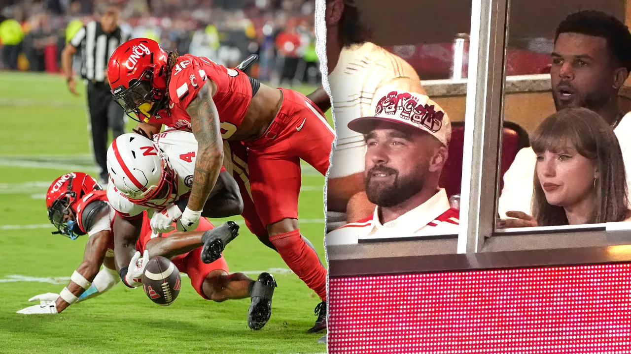 Newly engaged Travis Kelce, Taylor Swift attend college football game