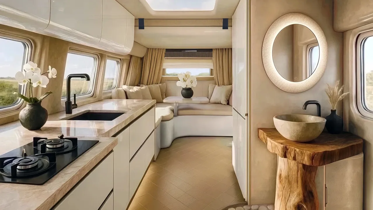 Luxury camper van offers apartment-style living with full kitchen and bathroom