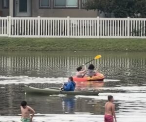 Several people canoe in flooded Utah streets