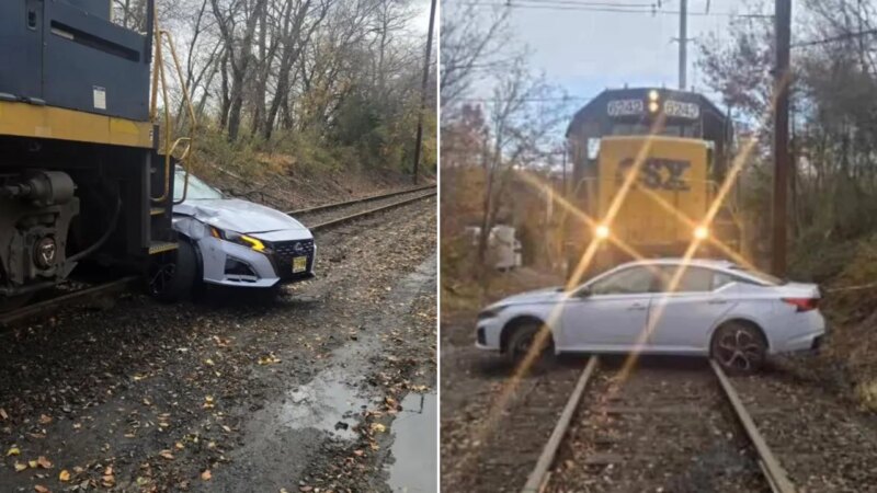 Woman survives train hitting car, pushing it a quarter-mile on New Jersey tracks